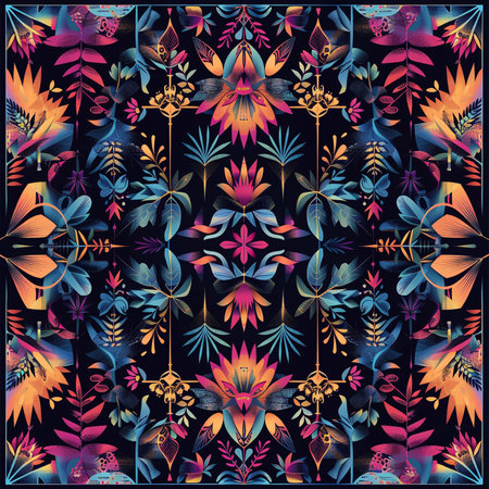 Seamless pattern with abstract flowers and leaves on black background.の素材