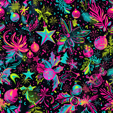 Seamless pattern with Christmas decorations on black background. Vector illustration.の素材