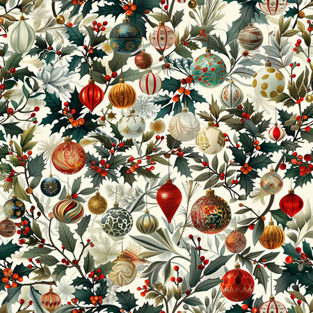 Seamless pattern with Christmas ornaments and holly berriesの素材