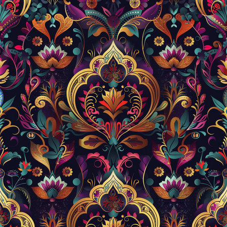 Seamless pattern with colorful fantasy flowers and leaves on dark backgroundの素材