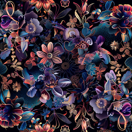 Seamless pattern with colorful flowers and butterflies. Vector illustration.の素材