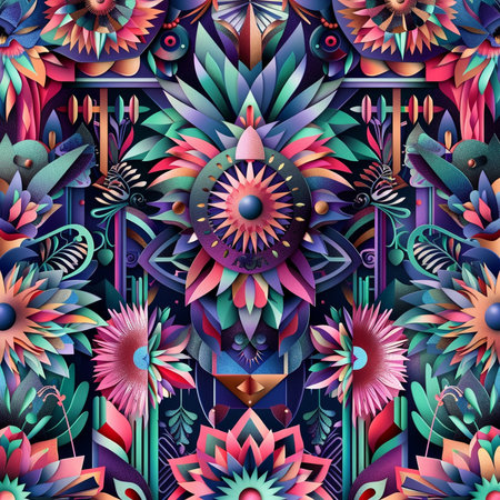 Seamless pattern with colorful abstract flowers and leaves. Vector illustration.の素材