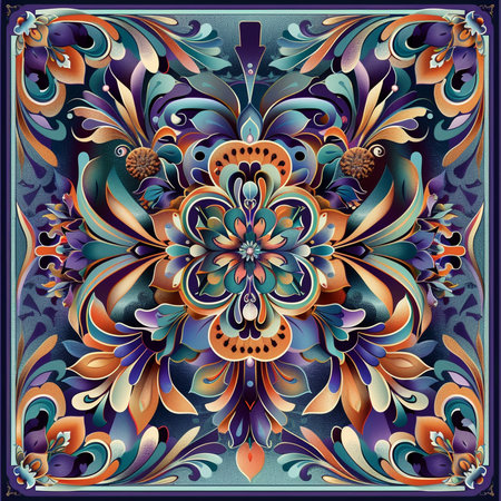 abstract vector ornamental floral background with blue and orange flowers and paisleyの素材