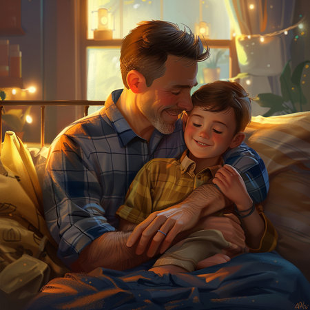 Happy father and son in bed at home. Concept of friendly family.の素材