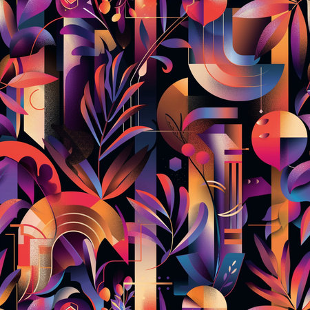 Abstract seamless pattern with colorful leaves and geometric shapes. Vector illustration.の素材