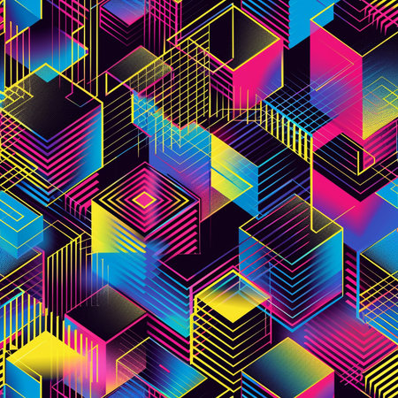 Abstract 3d geometric seamless pattern, colorful background with cubes and lines.の素材