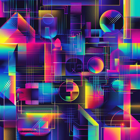 Abstract seamless pattern with colorful geometric shapes and lines. Vector illustration.の素材