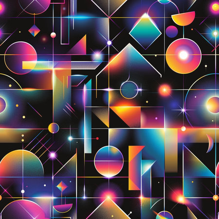 Abstract geometric seamless pattern. Colorful shapes and lines on black background.の素材
