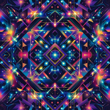 Abstract geometric seamless pattern with bright neon lights. Vector illustration for your designの素材
