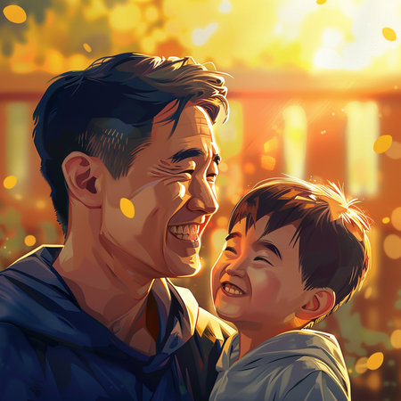 Happy father and son in the city at sunset. Vector illustration.の素材
