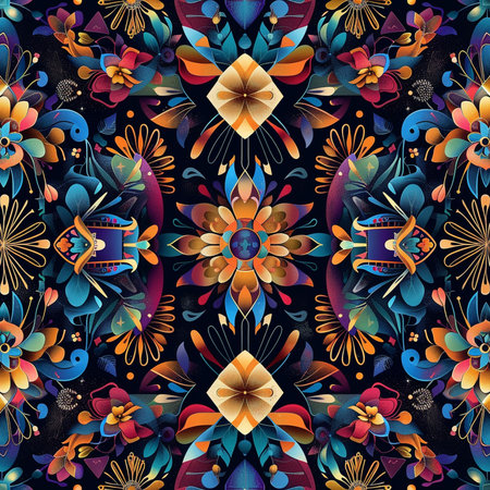 Seamless pattern with colorful floral ornament. Hand drawn vector illustration.の素材