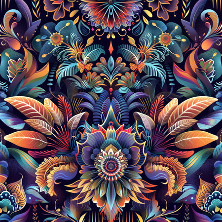 Seamless pattern with colorful feathers and flowers. Vector illustration.の素材