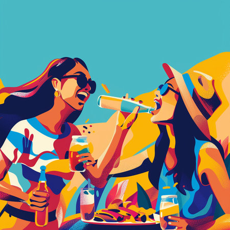 Vector illustration of a man and a woman drinking beer at a picnicの素材
