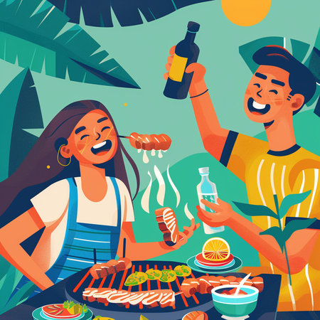 Vector illustration of people having barbecue party on tropical island. Man and woman eating, drinking wine and having bbq.の素材