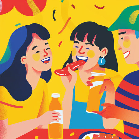 Happy friends eating pizza and drinking beer at a party. Vector illustration.の素材