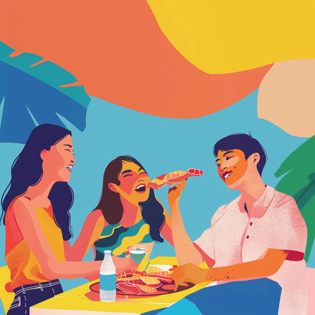 Happy friends eating at the beach. Vector illustration in cartoon style.の素材