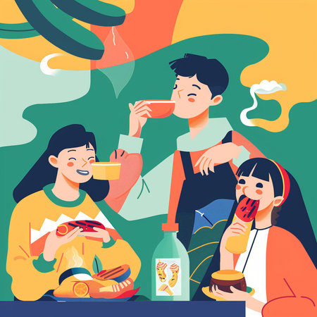 Happy family eating hot dog and drinking beer at picnic. Vector illustrationの素材