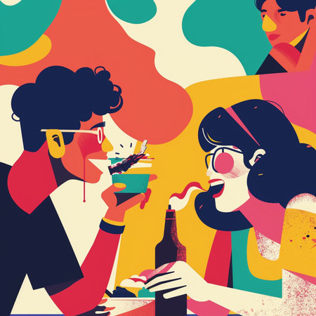 Vector illustration of a man and woman drinking beer and eating fast food.の素材