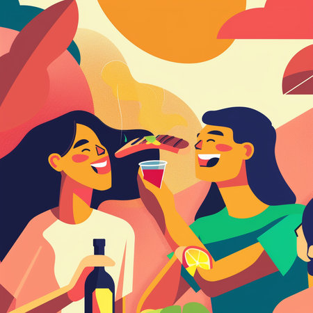 Two young women drinking beer and eating pizza. Vector illustration in flat styleの素材
