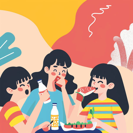 Children eating healthy food in the park. Vector illustration in flat styleの素材
