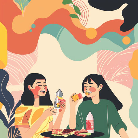 Vector illustration of two girls having picnic in the park. Flat style.の素材