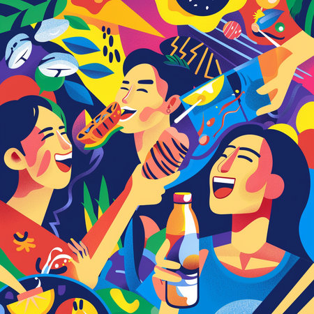 Seamless pattern with people eating vegetables. Vector illustration in flat styleの素材