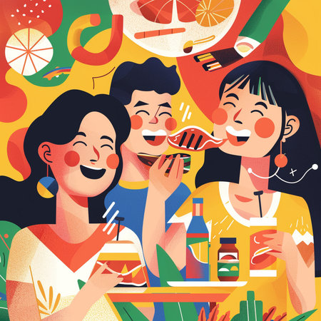 Vector illustration of happy friends having fun eating pizza and drinking beer.の素材