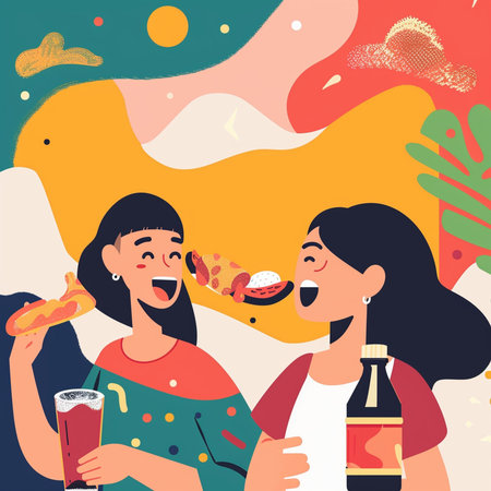 Vector illustration of two girls eating pizza, drinking beer and having fun.の素材