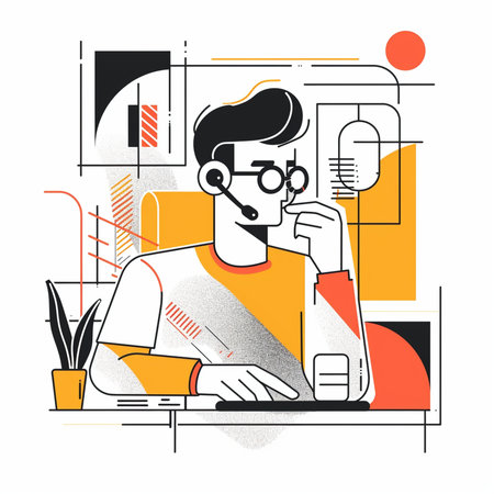 Call center operator with headset. Vector illustration in flat linear style.の素材