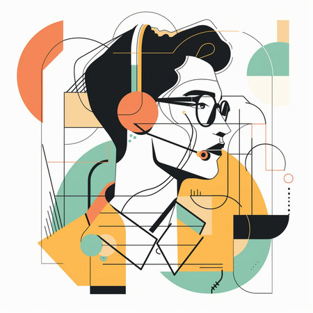 Vector illustration of a young woman with headphones and glasses in a flat style.の素材