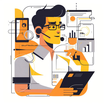 Vector illustration of call center operator with headset and laptop in flat styleの素材