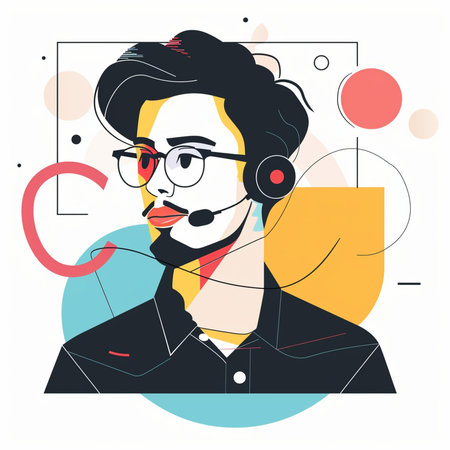 Call center operator with headset. Vector illustration in flat design style.の素材