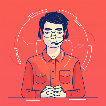 Vector illustration of young man with glasses and red shirt. Line art style design for web, site, advertising, banner, poster, board and print.の素材