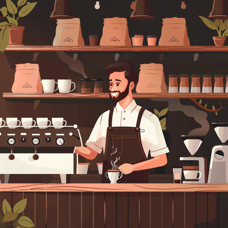 Handsome barista in apron making coffee in cafe. Vector illustrationの素材