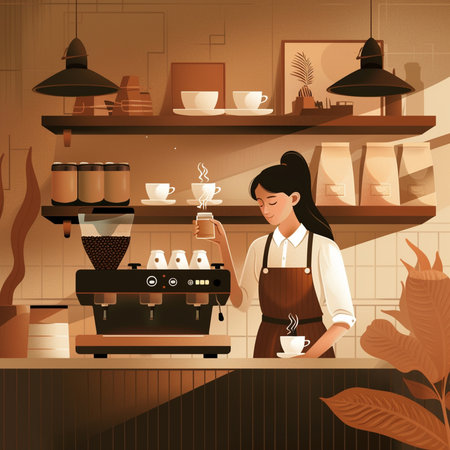 Coffee shop interior with barista making coffee. Vector illustrationの素材