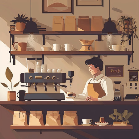 Coffee shop interior with barista. Vector illustration in flat styleの素材