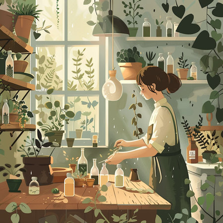 Vector illustration of a woman working in a flower shop with plants.の素材