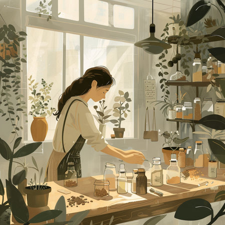 Beautiful young woman working in the flower shop. Vector illustration.の素材