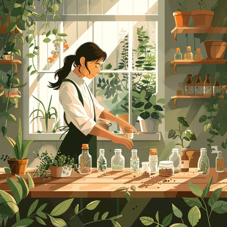 Vector illustration of a girl working in a flower shop. She is watering plants.の素材