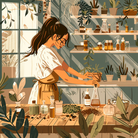 Vector illustration of a woman taking care of plants in a flower shop.の素材