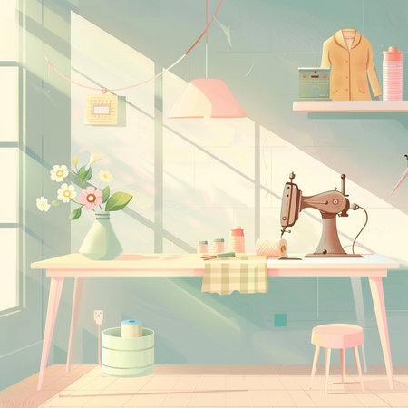 Sewing workshop interior. Vector illustration in flat cartoon style.の素材