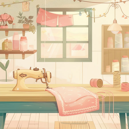 Sewing workshop interior with sewing machine and accessories. Vector illustrationの素材