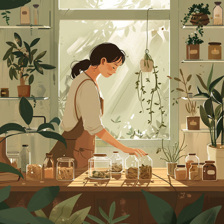 Woman working in greenhouse. Vector illustration of a girl working in a greenhouse.の素材