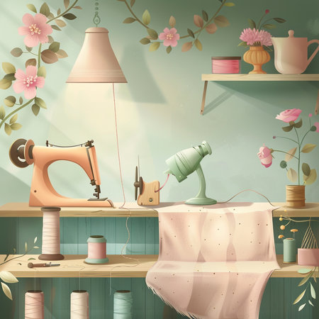 Vector illustration of a sewing workshop interior with tools, equipment and flowersの素材