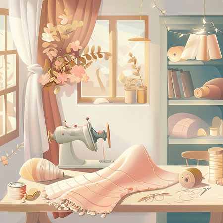 Seamstress workplace with sewing machine, fabric and sewing tools. Vector illustrationの素材