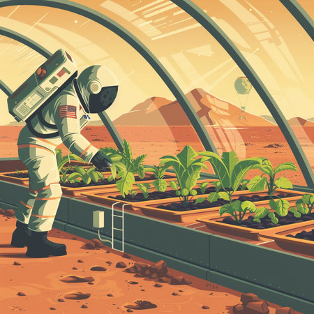 Astronaut in the spaceship among the plants. Vector illustration.の素材