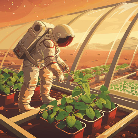Astronaut in a greenhouse with plants. Vector illustration in retro style.の素材