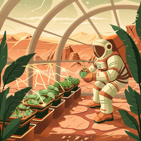 Astronaut in a greenhouse with plants. Vector cartoon illustration.の素材