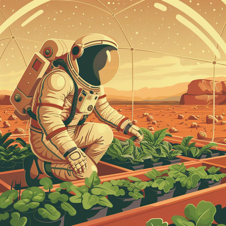 Astronaut in a greenhouse. Vector illustration of a space station.の素材