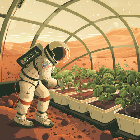 Astronaut on the background of a greenhouse. Vector illustration.の素材